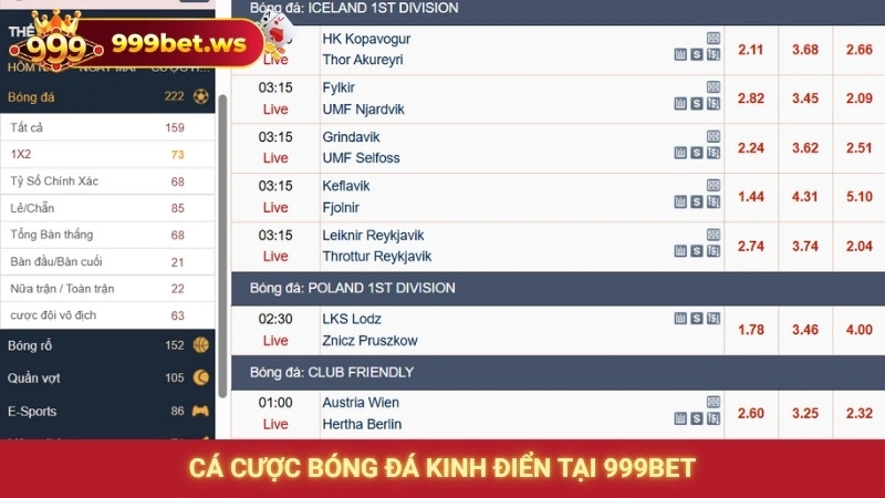 Cá cược bóng đá kinh điển tại 999bet