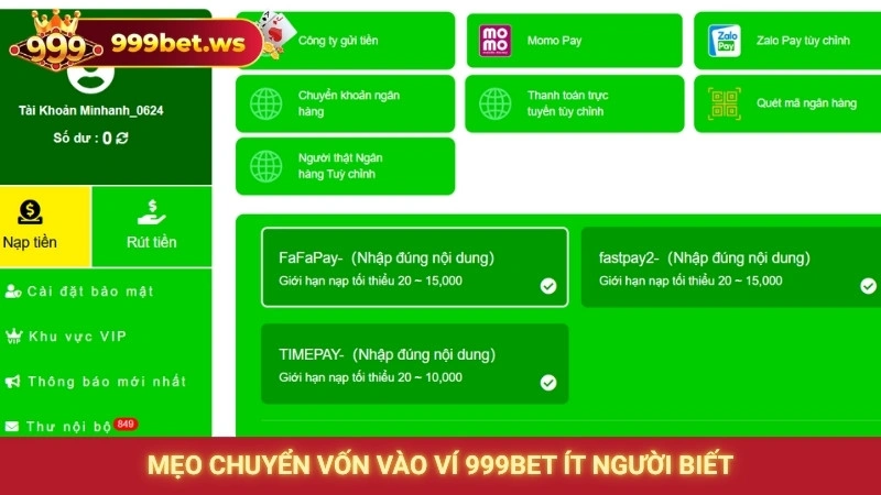 Mẹo chuyển vốn vào ví 999bet ít người biết